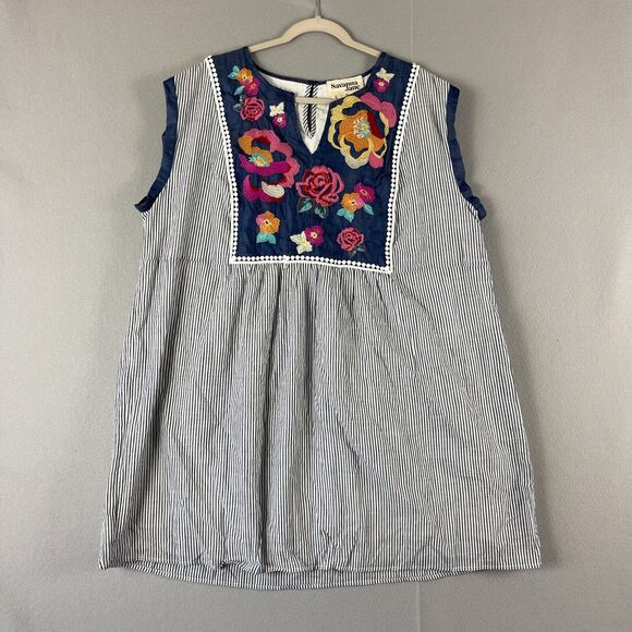 Savanna Jane Embroidered Tunic Top Women 1X Blue Floral Striped Boho Cottage NEW - Picture 1 of 16